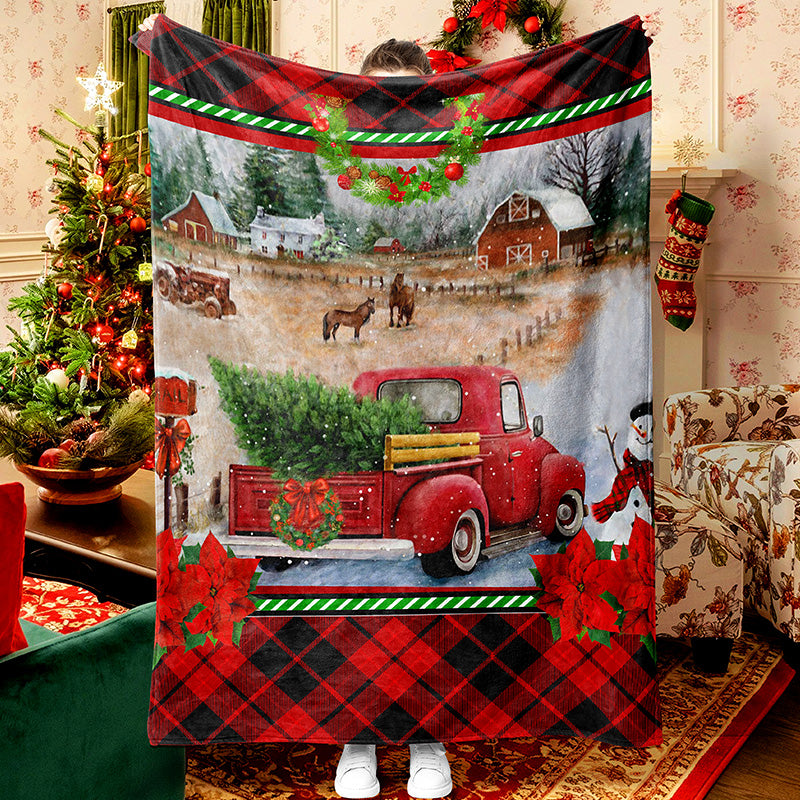 Red Truck Christmas Tree Farm Horse Celebrate Christmas Fleece Sherpa Blanket