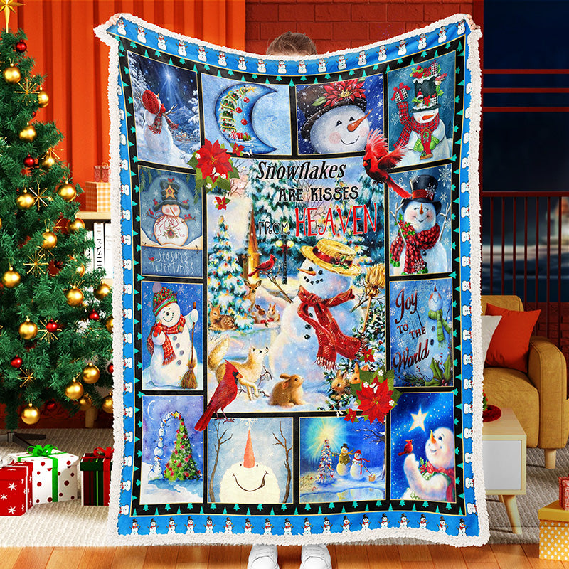 Snowman And Forest Animals Celebrate Christmas Blue Fleece Sherpa Blanket Snowman Quilt