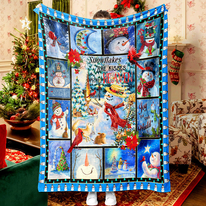 Snowman And Forest Animals Celebrate Christmas Blue Fleece Sherpa Blanket Snowman Quilt