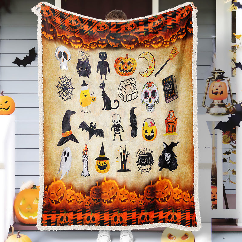 Halloween Pumpkin Witch Magic Ghost Skeleton Throw Halloween Element Happy Halloween Thick Soft Sherpa Fleece Blanket