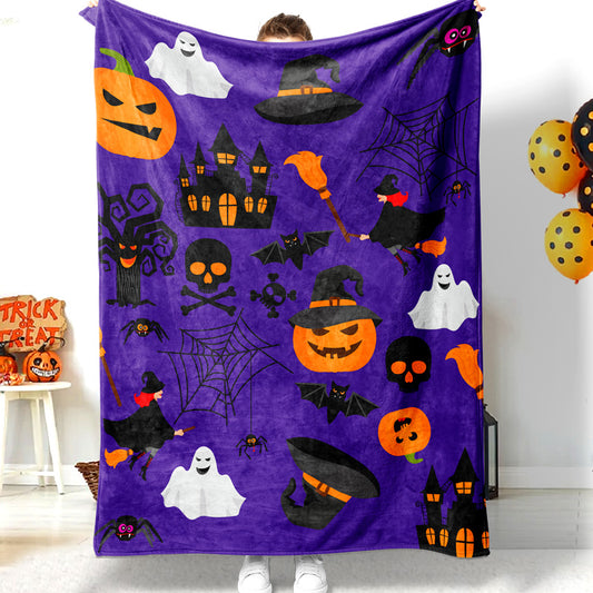 Halloween Pumpkin Black Castle Ghost Skeleton Purple Halloween Blanket