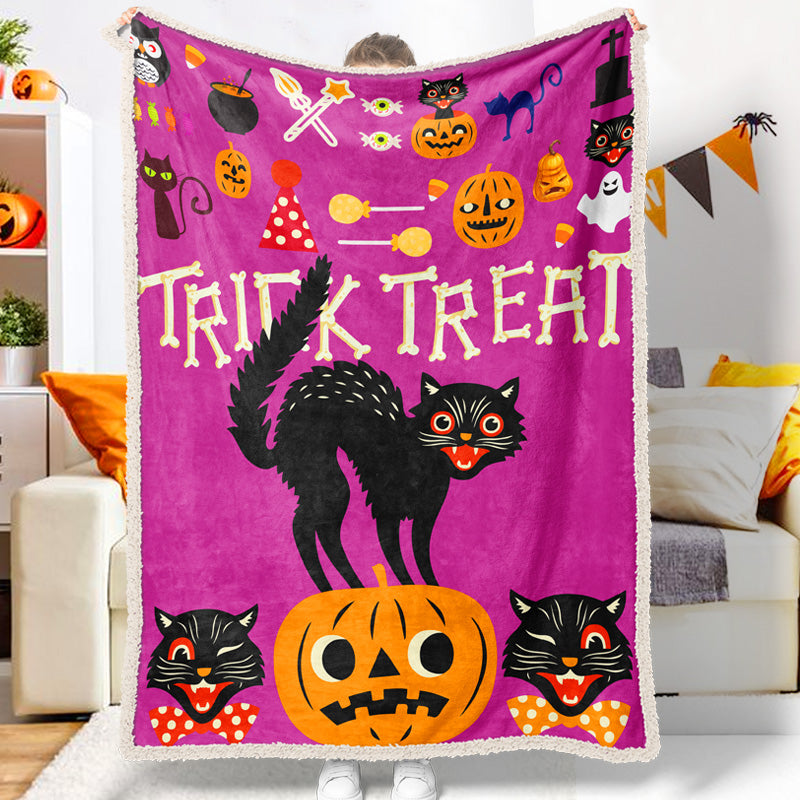 Halloween Cartoon Black Cat Pumpkin Trick Or Treat Halloween Blanket