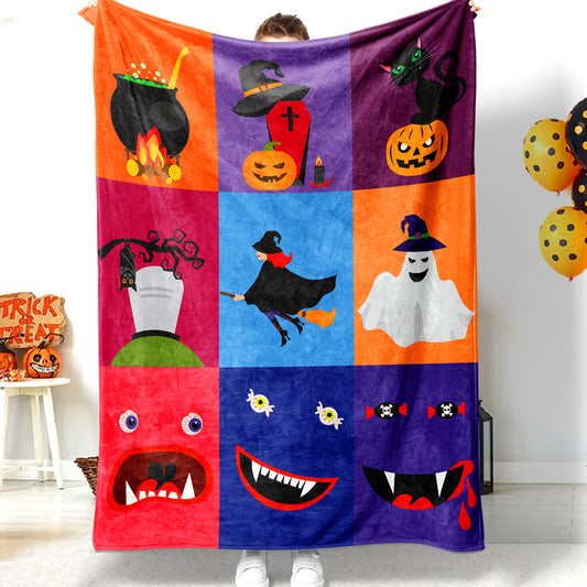 Halloween Cartoon Spooky Ghost Pumpkin Fangs Mosaic Halloween Blanket