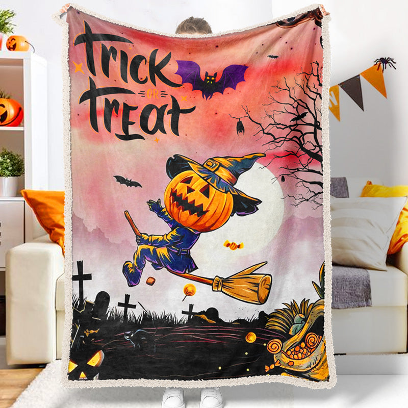 Halloween Pumpkin Head Riding Broom Trick Or Treat Halloween Blanket