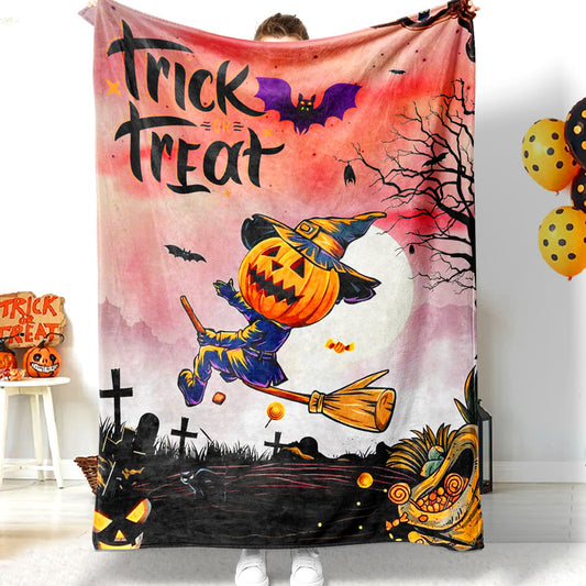 Halloween Pumpkin Head Riding Broom Trick Or Treat Halloween Blanket