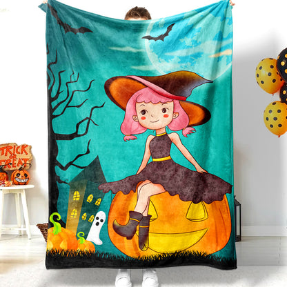 Halloween Cartoon Girl Sitting On A Pumpkin On A Halloween Themed Blanket