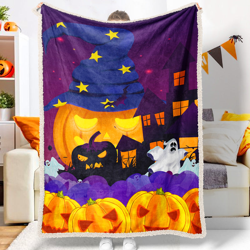 Halloween Cartoon Pumpkin Stars Wizard Hat Spooky Halloween Blanket
