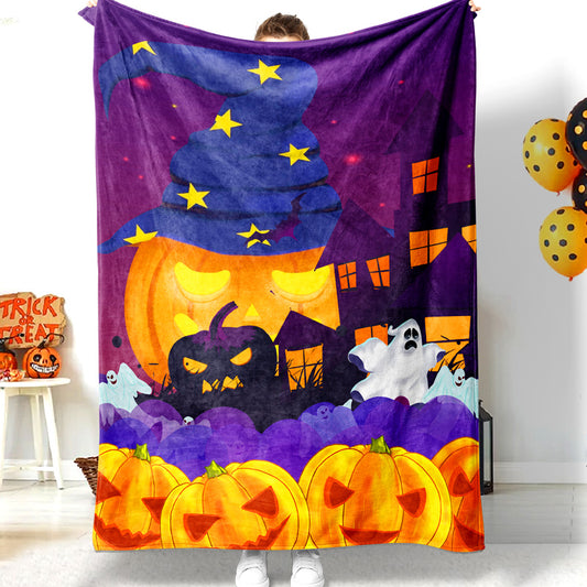 Halloween Cartoon Pumpkin Stars Wizard Hat Spooky Halloween Blanket