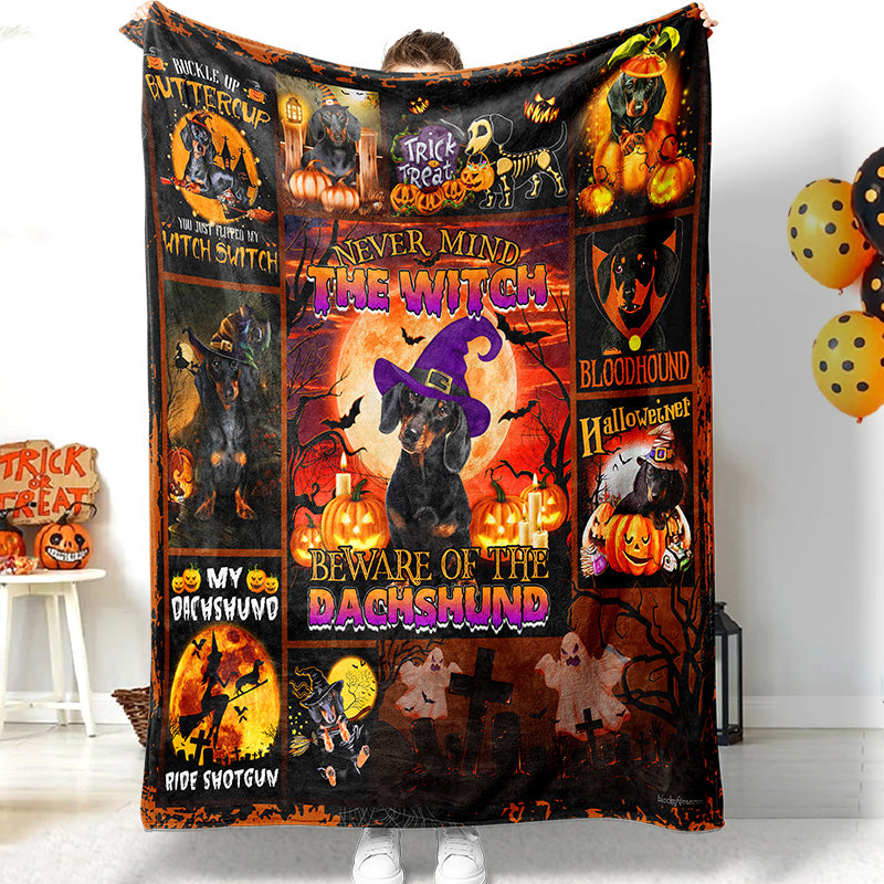 Halloween Witch Dachshund Mind The Dachshund Pumpkin Ghost For Dachshund Lover Thick Soft Sherpa Fleece Blanket