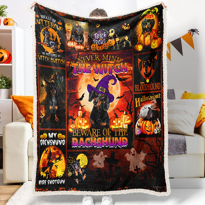 Halloween Witch Dachshund Mind The Dachshund Pumpkin Ghost For Dachshund Lover Thick Soft Sherpa Fleece Blanket