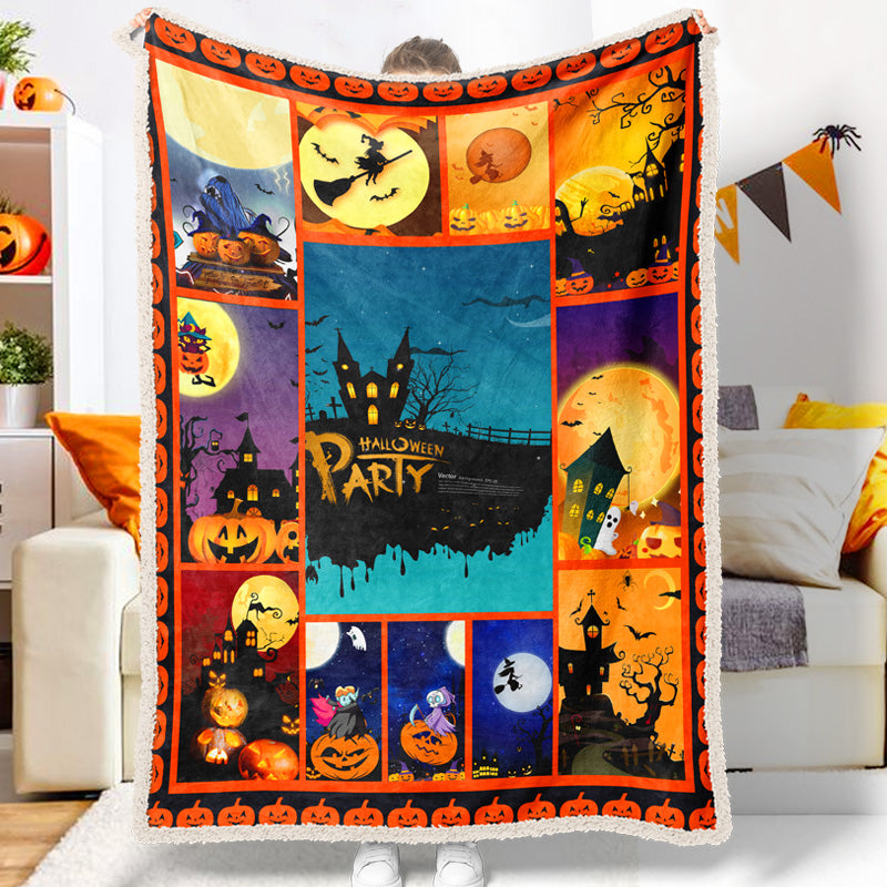 Halloween Cartoon Black Castle Full Moon Witch Pumpkin Halloween