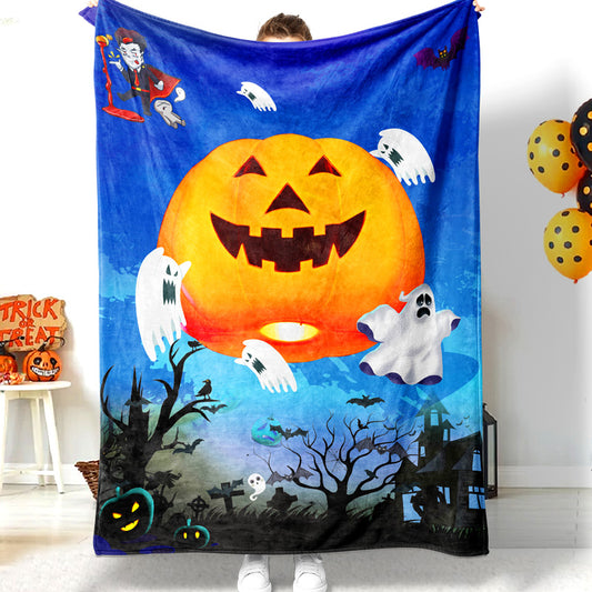 Halloween Giant Pumpkin White Spooky Ghost Cemetery Halloween Blanket