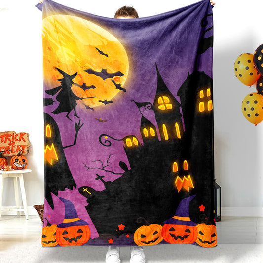 Halloween Black Castle Moon Night Witch Bat Halloween Blanket