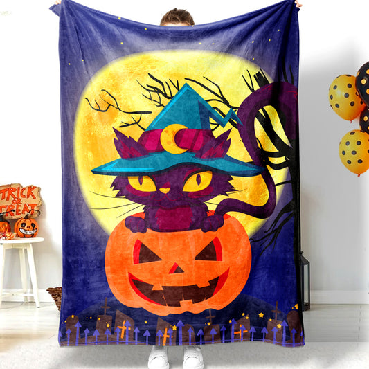 Halloween Cartoon Black Cat Pumpkin Tombstone Moon Halloween Blanket