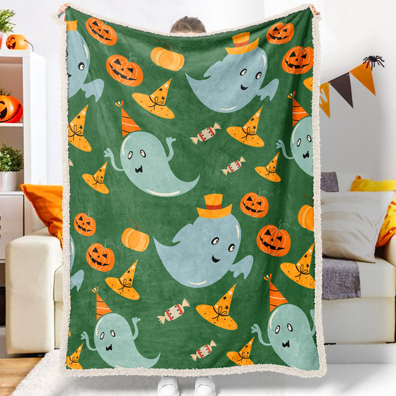 Halloween Cartoon Spooky Ghost Pumpkin Wizard Hat Candy Halloween Blanket
