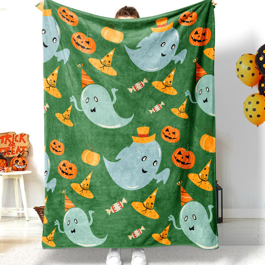 Halloween Cartoon Spooky Ghost Pumpkin Wizard Hat Candy Halloween Blanket