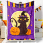 Halloween Black Cat Wizard Hat Pumpkin Big Moon Purple Halloween Blanket