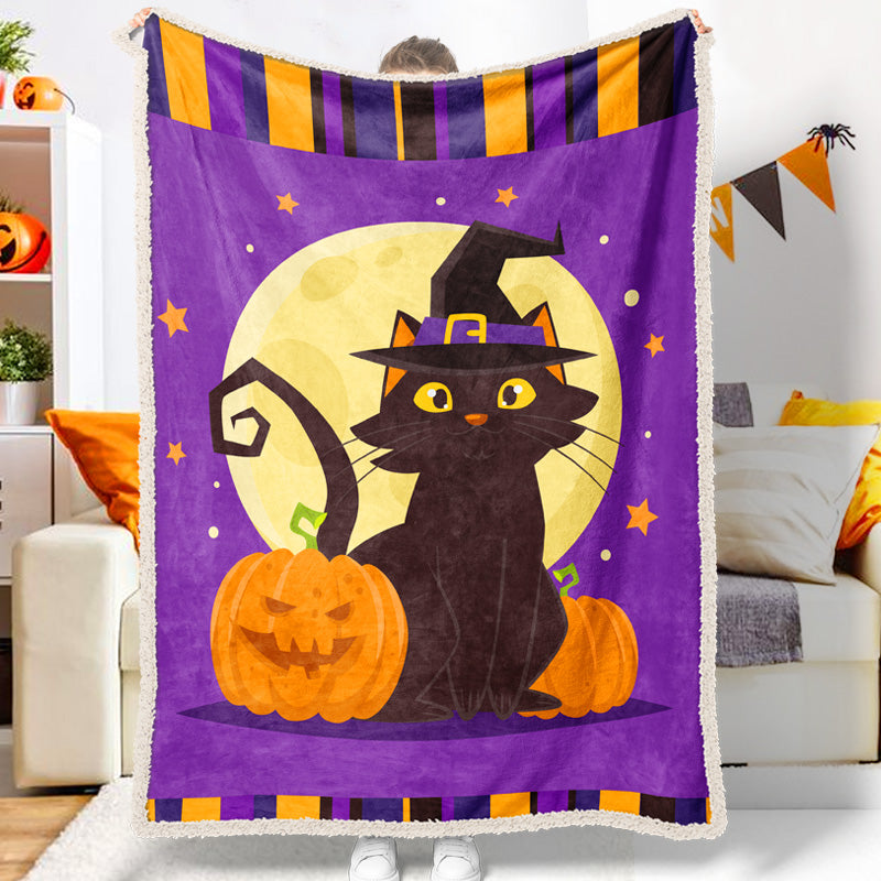 Halloween Black Cat Wizard Hat Pumpkin Big Moon Purple Halloween Blanket