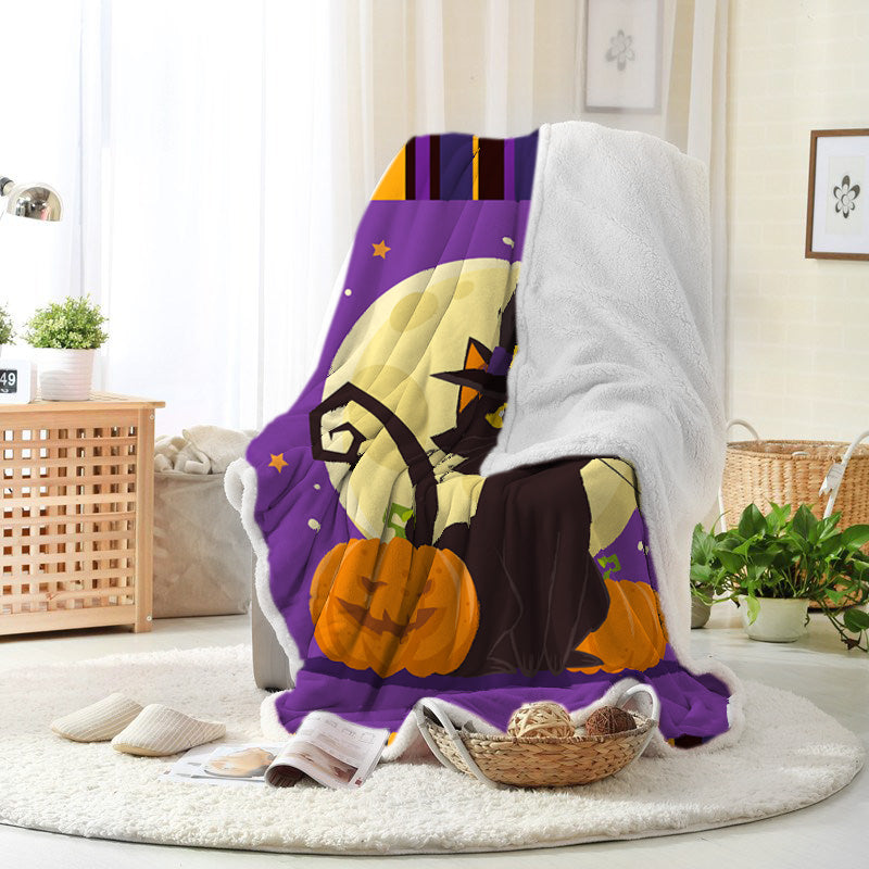 Halloween Black Cat Wizard Hat Pumpkin Big Moon Purple Halloween Blanket
