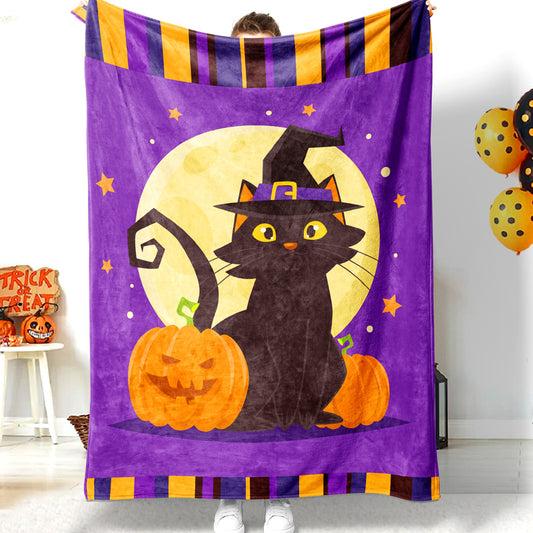 Halloween Black Cat Wizard Hat Pumpkin Big Moon Purple Halloween Blanket