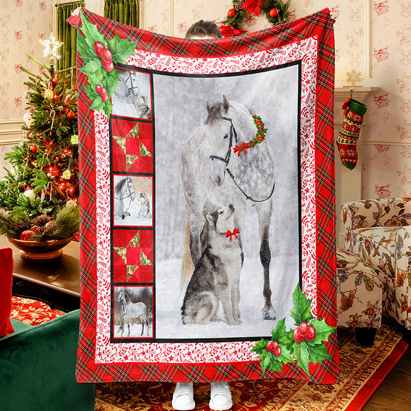 Huskey And Horse Photo Collage Throw Blanket Fleece Sherpa Blanket