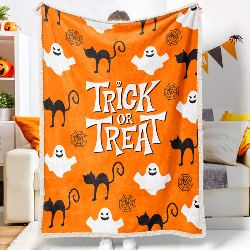 Halloween Black Cat Ghost Trick Or Treat Orange Halloween Blanket