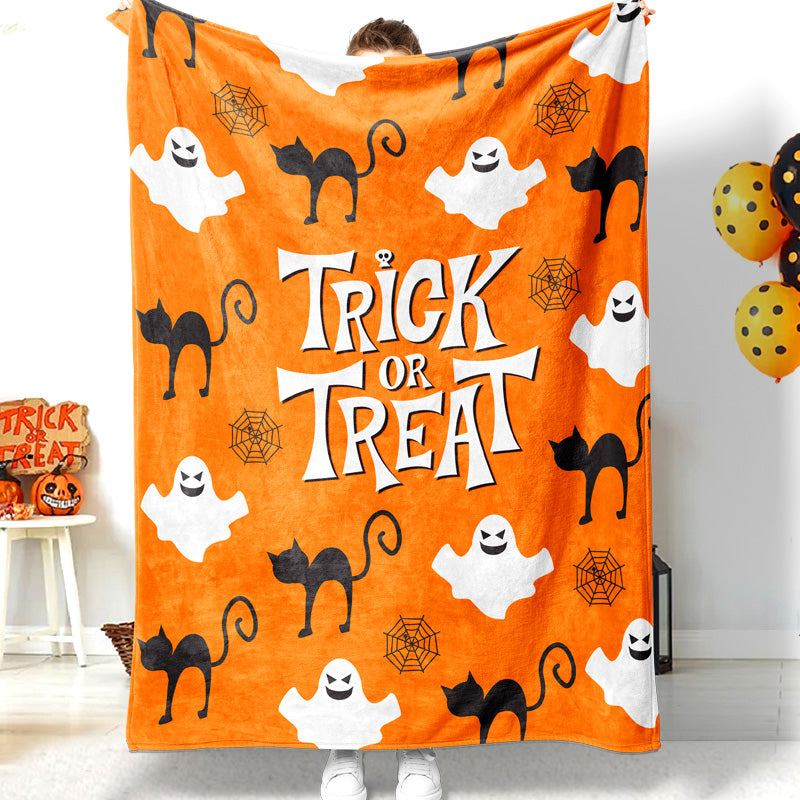 Halloween Black Cat Ghost Trick Or Treat Orange Halloween Blanket