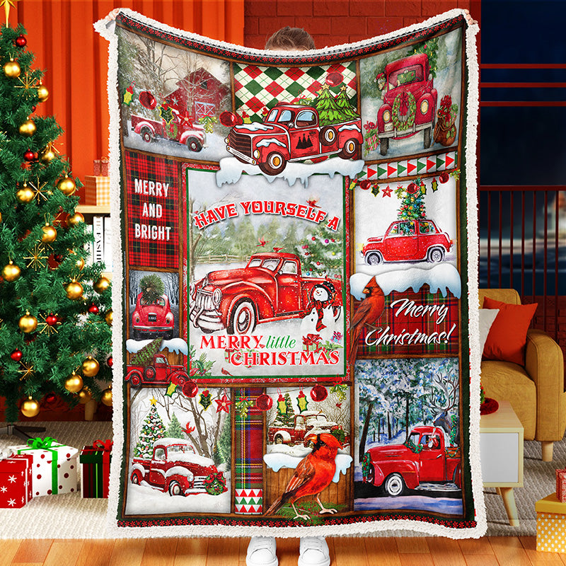 Merry Christmas Red Truck Snowing Patchwork Memorial Blanket Throw Blanket Fleece Sherpa Blanket
