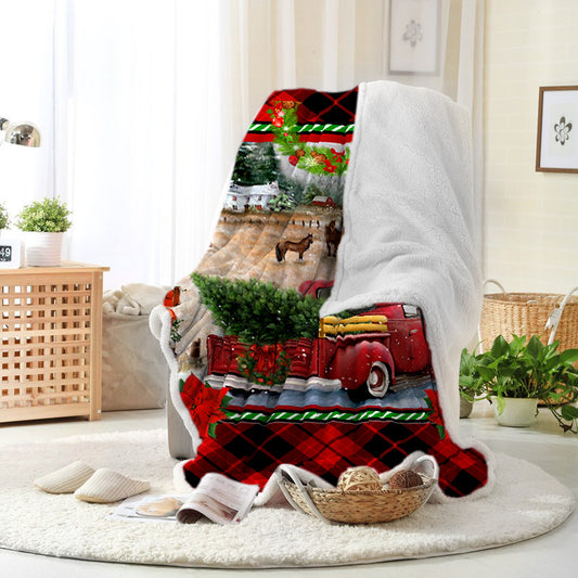 Red Truck Christmas Tree Farm Horse Celebrate Christmas Fleece Sherpa Blanket