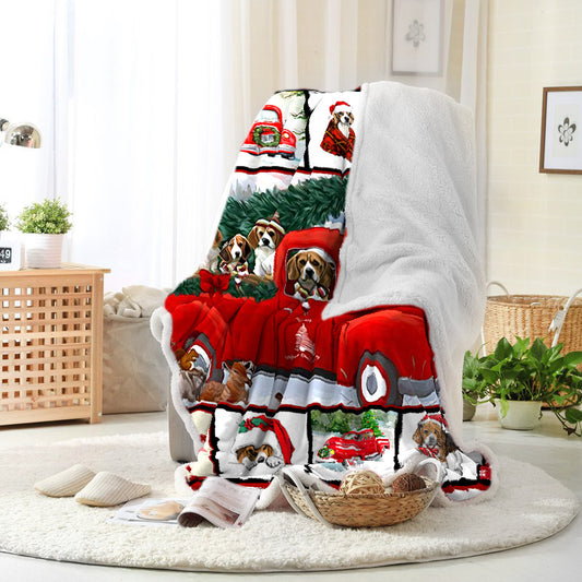 Red Truck Santa And Dog Christmas Blanket Sherpa Fleece Blanket